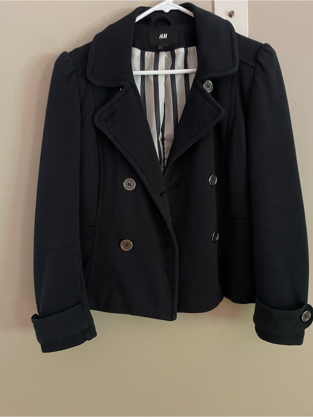 H&M Women's Black Double-Breasted Pea Coat with Striped Lining